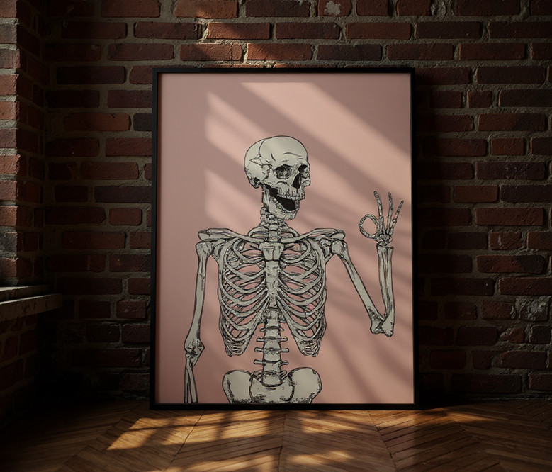 Minimalist skeleton canvas wall art set, dusty pink and playful, perfect for Halloween party accents and cozy bedroom decor