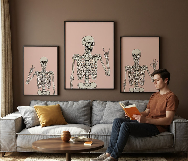 Minimalist skeleton wall art set in dusty pink, whimsical canvas prints to elevate Halloween party and bedroom wall decor
