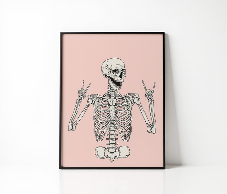 Minimalist skeleton canvas print set, dusty pink and humorous design for Halloween parties and stylish bedroom decor