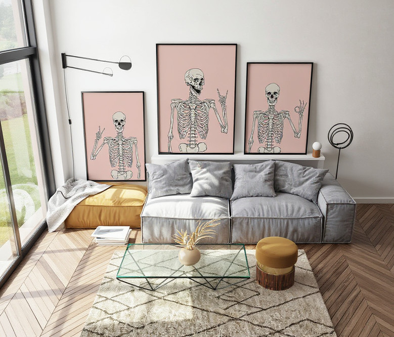 Minimalist Skeleton Wall Art Set - Funny Dusty Pink Canvas For Halloween Party Bedroom Decor