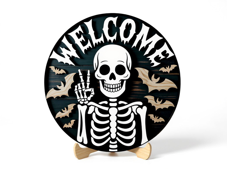 Spooky Skeleton Welcome Sign - Halloween Door Decor With Bats