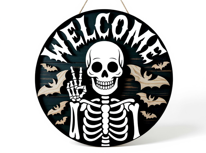 Spooky Skeleton Welcome Sign - Halloween Door Decor With Bats