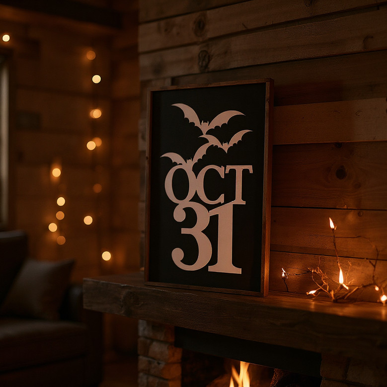 Halloween canvas sign with bold 'October 31' lettering and subtle spiderweb, rustic farmhouse neutrals for foyer or entry display