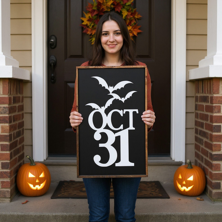 Halloween canvas featuring October 31 typography and corner spider web, distressed farmhouse look for entryway wall decor