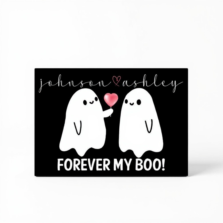 Halloween canvas poster for couples, 'Forever My Boo' with bats and moon, custom names, landscape, for bedroom wall