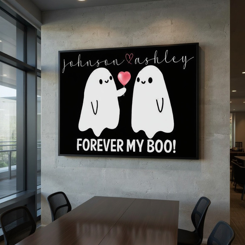 Halloween canvas poster, 'Forever My Boo' with pumpkins, personalized couple names and date, square, living room decor