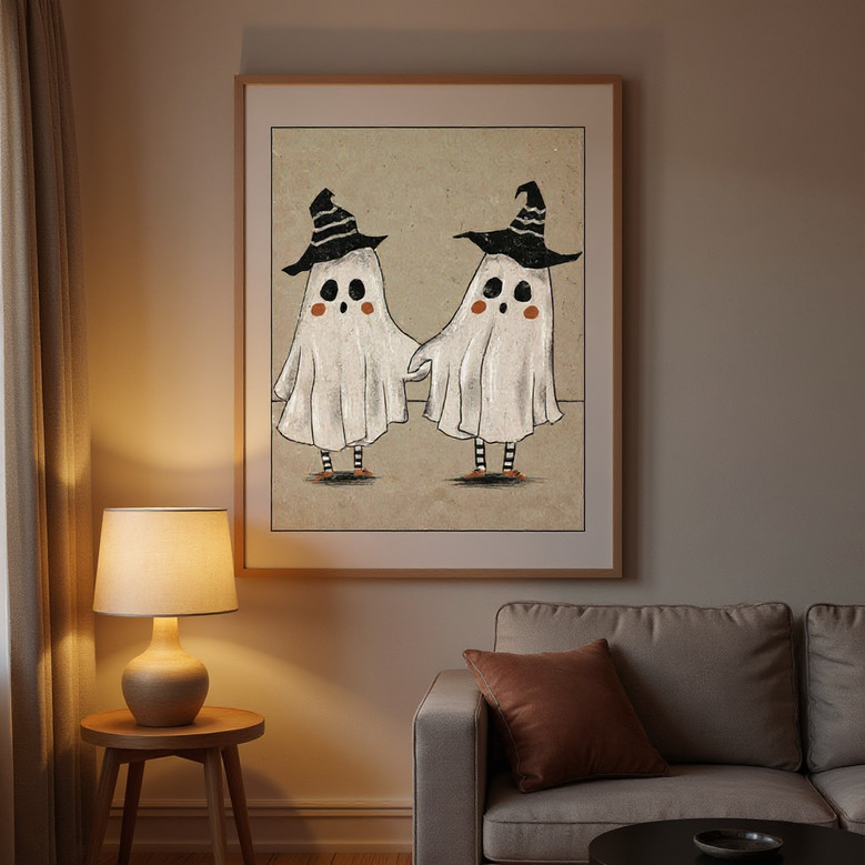 Forever My Boo Halloween canvas wall art, warm orange and cream palette, romantic spooky vibe for living room decor