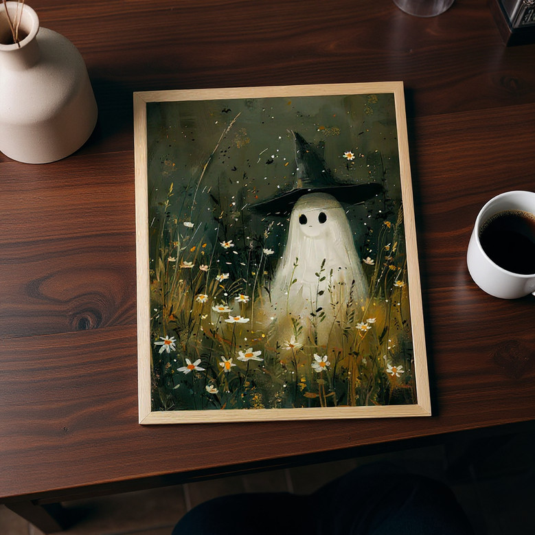Ghost Halloween Canvas Decor - Cute Vintage Ghost With Witch Hat Poster, Spooky Wildflower Field Art For Gothic Dark Academia Wall