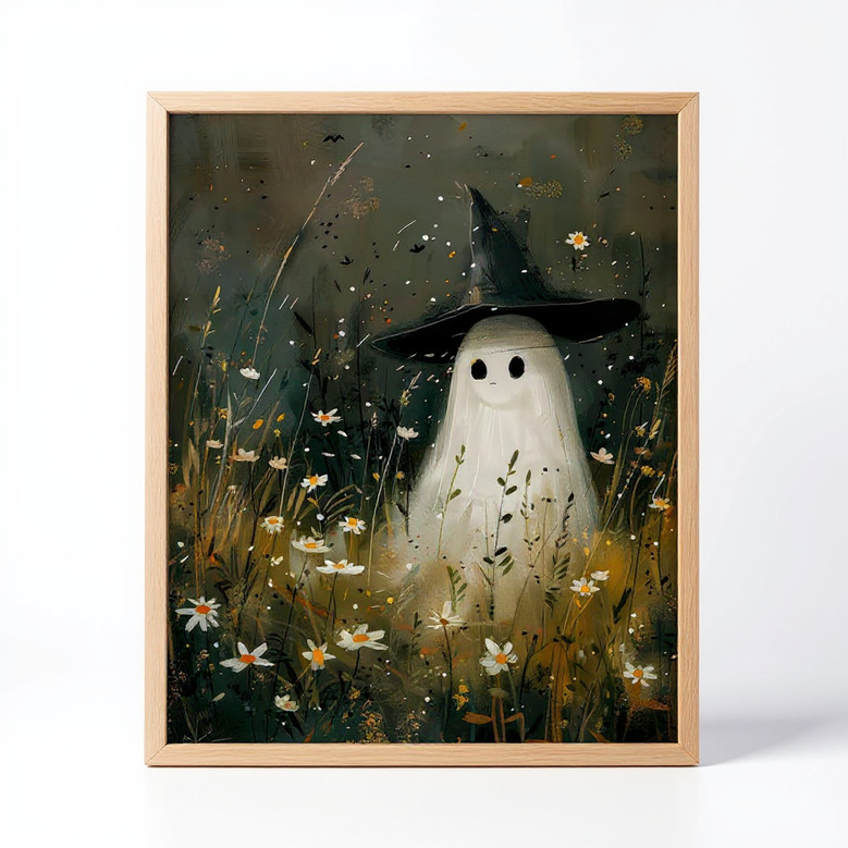 Ghost Halloween Canvas Decor - Cute Vintage Ghost With Witch Hat Poster, Spooky Wildflower Field Art For Gothic Dark Academia Wall