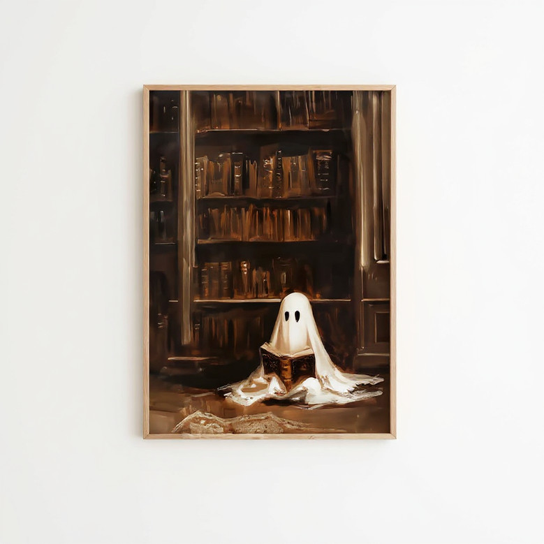 Vintage ghost Halloween canvas art, dark academia style decor for living room; monochrome palette and gothic library vibe