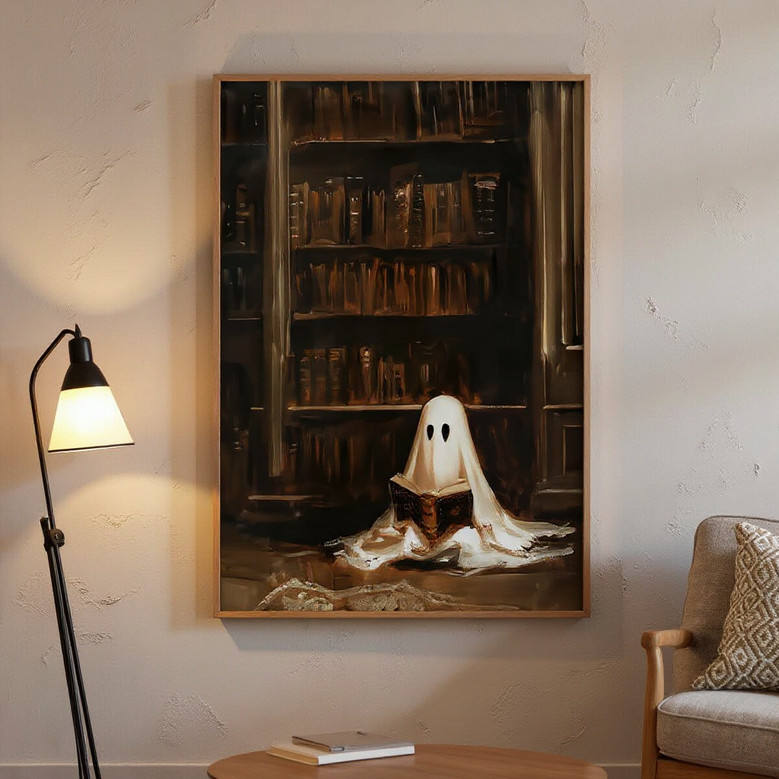 Vintage ghost Halloween canvas wall art for living room, spooky dark academia decor with sepia tones, Victorian flair