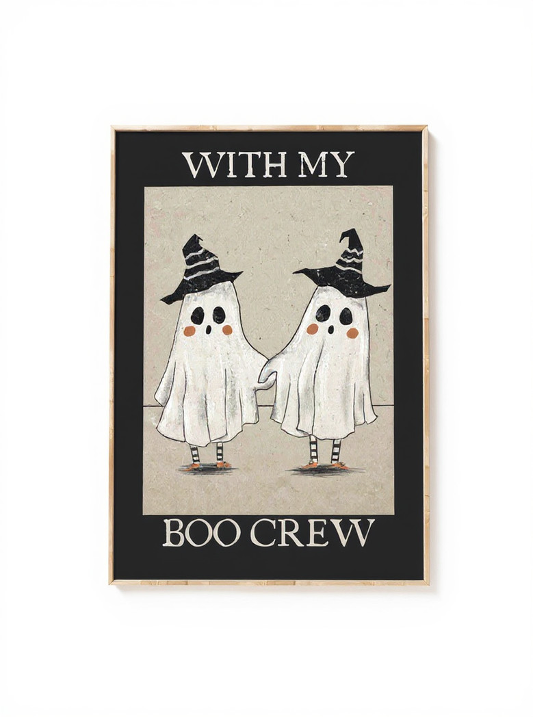 Halloween canvas print of the Boo Crew ghosts, vintage distressed look, personalized text for entryway wall decor
