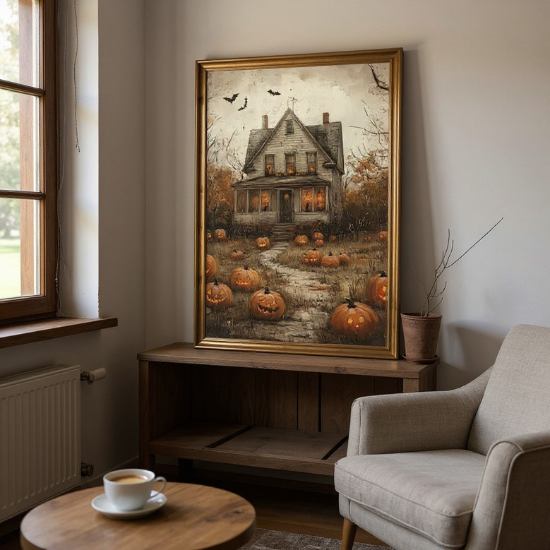 Charming Pumpkin Patch Canvas For Halloween Country DéCor Vintage Farmhouse Fall Art With Haunted House & Flying Bats