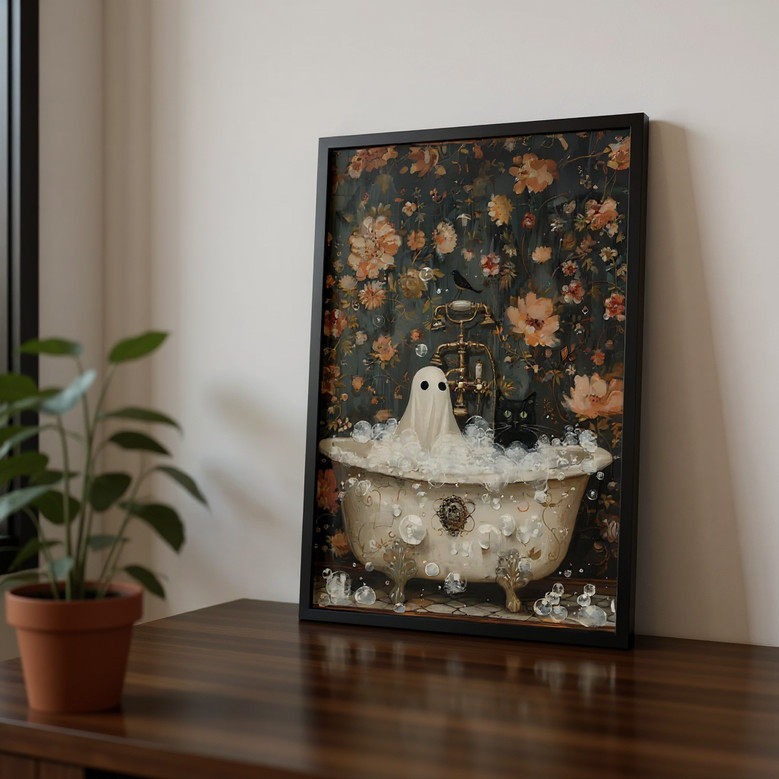 Vintage Halloween canvas poster shows black cat and ghost in a tub, spooky apartment aesthetic for dorm living room wall