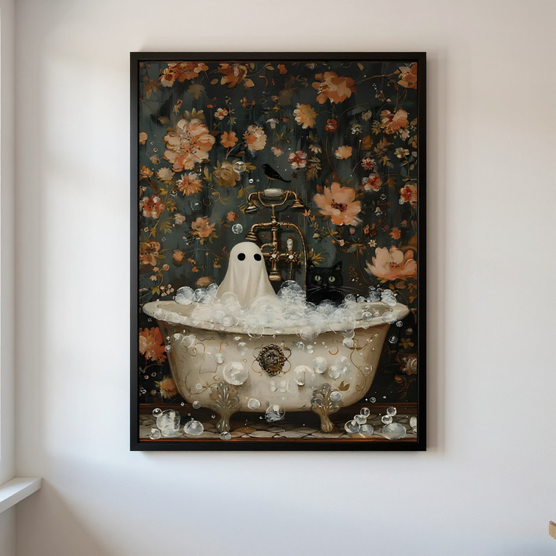 Vintage Halloween ghost canvas poster featuring black cat and ghost in a bathtub, spooky apartment art for living room decor