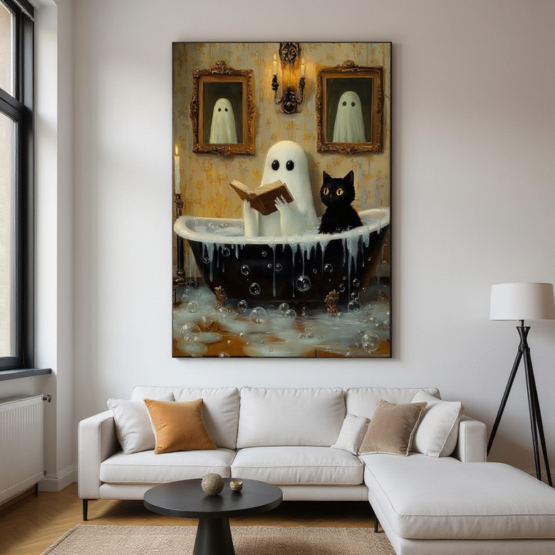 Halloween ghost canvas art featuring a reading ghost in a bathtub with a gothic black cat for bathroom wall decor