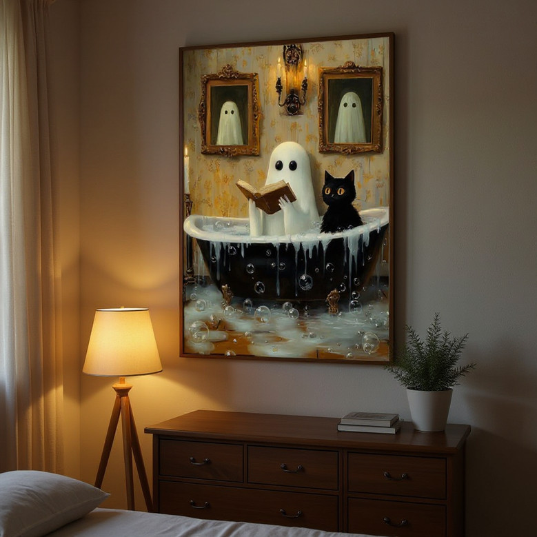 Whimsical ghost Halloween canvas art with a bookish ghost in a tub beside a gothic black cat for bathroom wall decor
