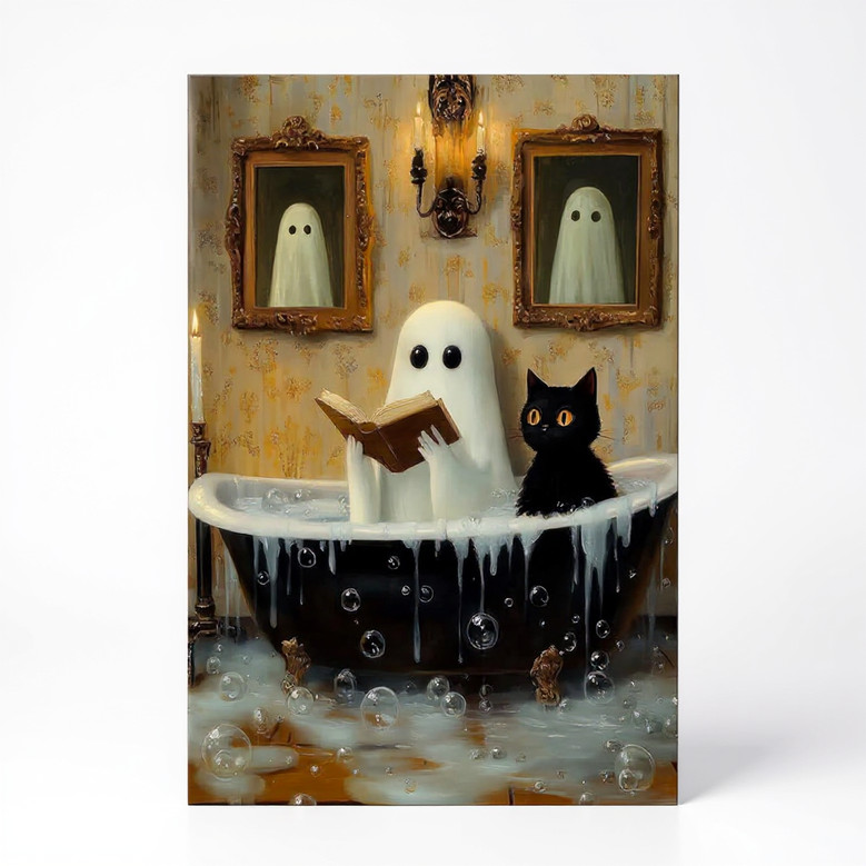 Halloween ghost canvas art with a reading ghost and gothic black cat in a bathtub, playful scene for spooky bathroom decor