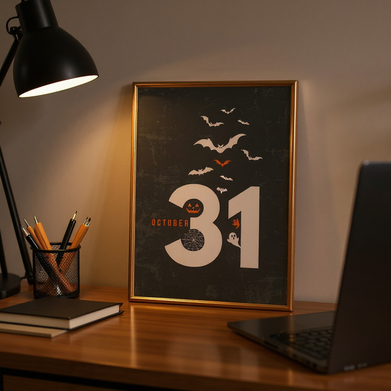 Halloween canvas art featuring neutral October 31 countdown typography with friendly ghoul, entryway or mantel wall decor