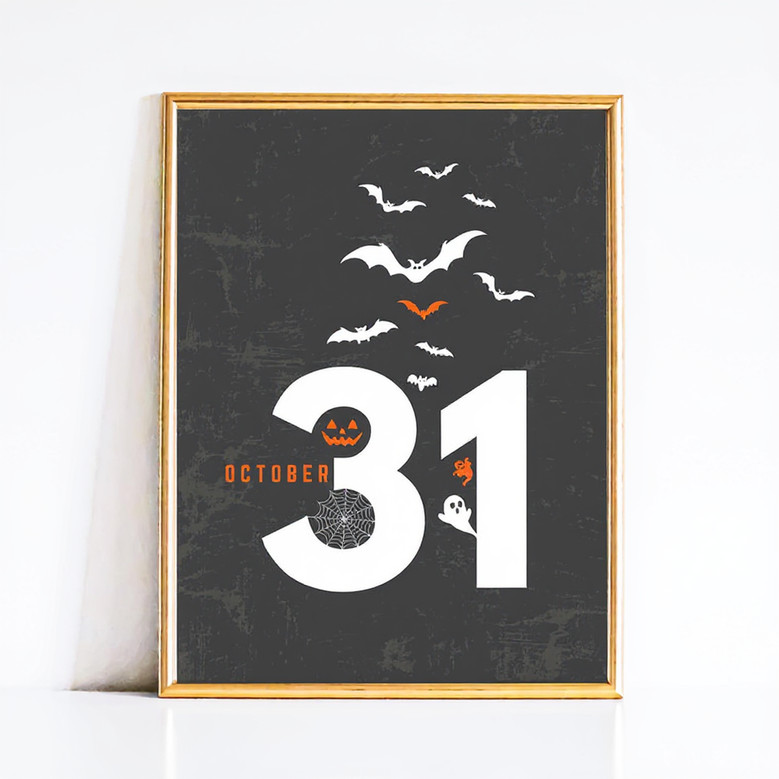 Halloween canvas art with October 31 countdown in neutral palette, minimalist ghost illustration, wall decor for spooky season