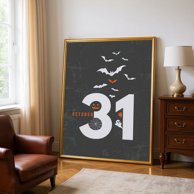Halloween canvas art with October 31 calendar countdown in neutral beige tones, subtle ghoul, gift for countdown lovers
