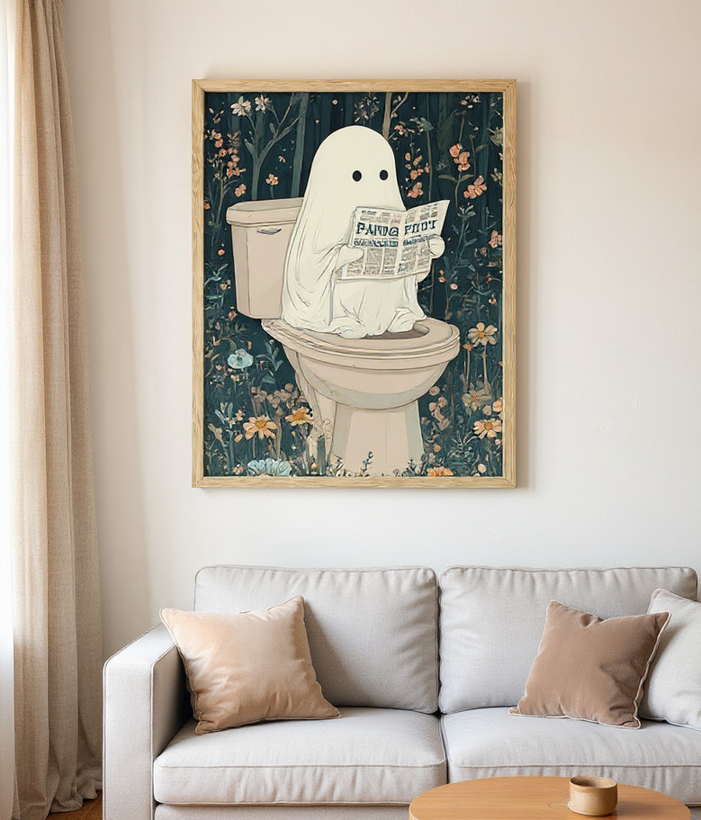 Ghost Halloween framed canvas in beige oak adds minimalist neutral charm to bathroom or bedroom wall decor, soft aesthetic Ghost Halloween framed canvas in beige oak adds minimalist neutral charm to bathroom or bedroom wall decor, soft aesthetic
