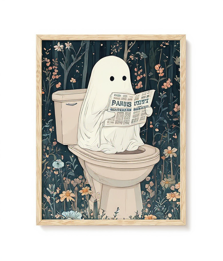 Ghost Halloween canvas in beige oak frame, neutral spooky art for seasonal wall decor, fits aesthetic bathroom style Ghost Halloween canvas in beige oak frame, neutral spooky art for seasonal wall decor, fits aesthetic bathroom style