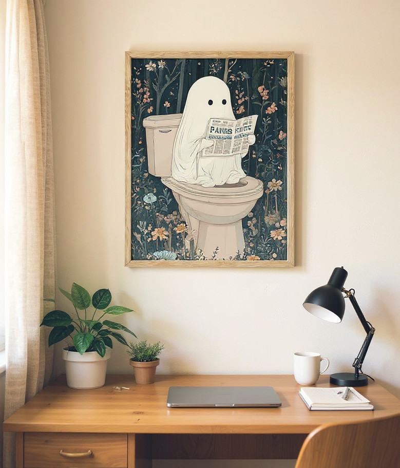 Ghost Halloween framed canvas features simple white ghost on warm beige, oak wood frame suits bathroom and bedroom walls Ghost Halloween framed canvas features simple white ghost on warm beige, oak wood frame suits bathroom and bedroom walls