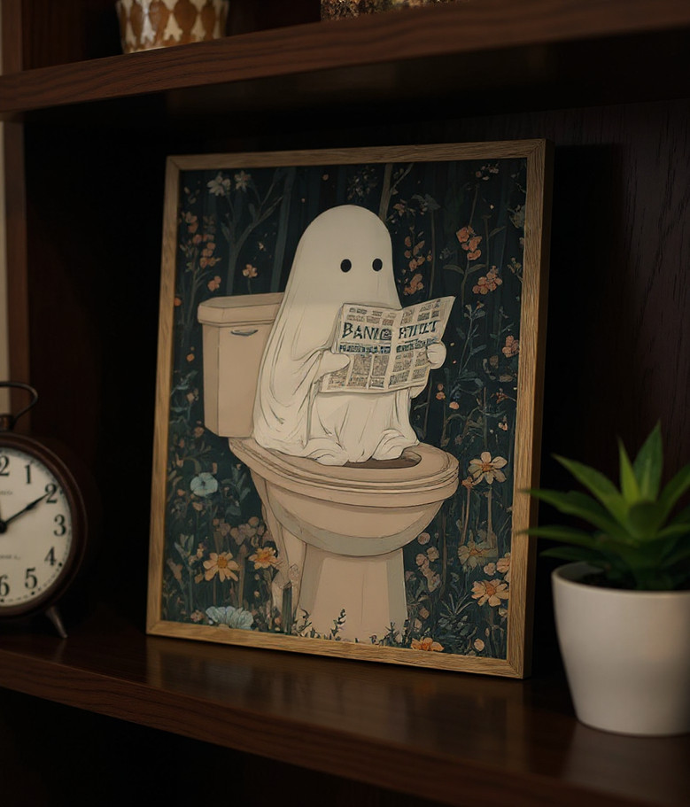 Ghost Halloween canvas wall art with beige oak frame, neutral minimalist design for aesthetic bathroom or cozy bedroom decor Ghost Halloween canvas wall art with beige oak frame, neutral minimalist design for aesthetic bathroom or cozy bedroom decor