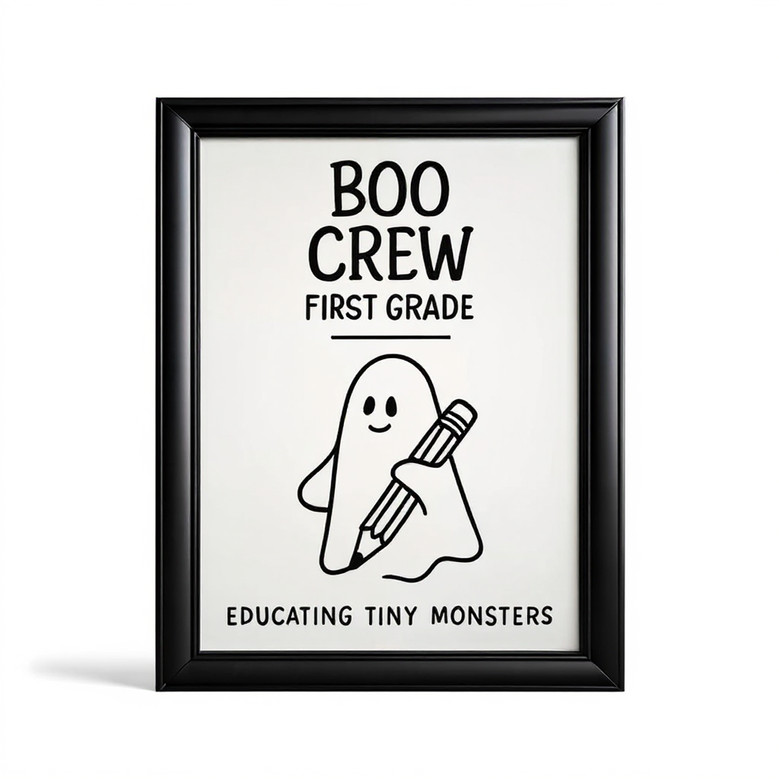 Halloween Boo Crew ghost school canvas print wall art for first grade classroom, playful ghost characters, teacher gift