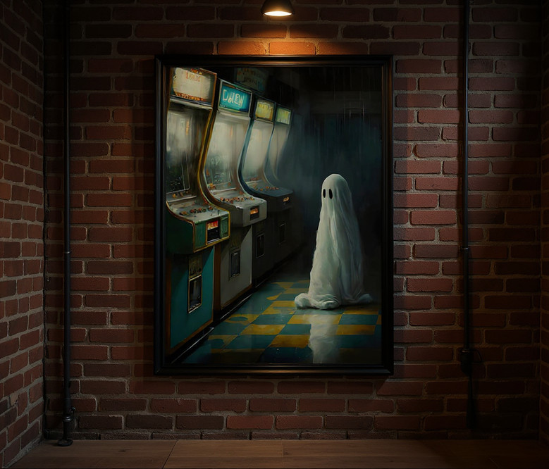 Cute ghost arcade canvas wall art in gothic Halloween style, neon vibe, gift for horror-loving gamers, kitchen decor Cute ghost arcade canvas wall art in gothic Halloween style, neon vibe, gift for horror-loving gamers, kitchen decor