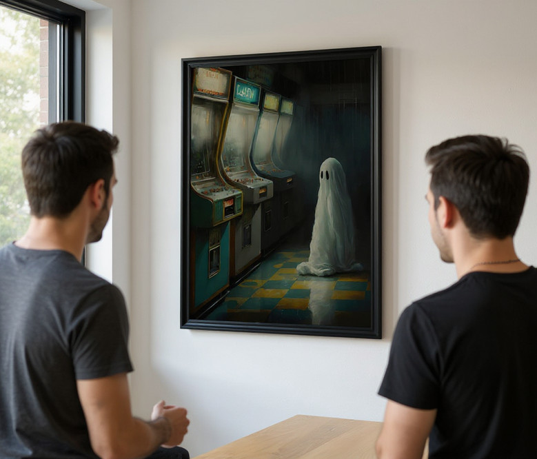 Cute ghost in abandoned arcade canvas wall art, gothic Halloween, landscape print with retro machines for kitchen decor Cute ghost in abandoned arcade canvas wall art, gothic Halloween, landscape print with retro machines for kitchen decor