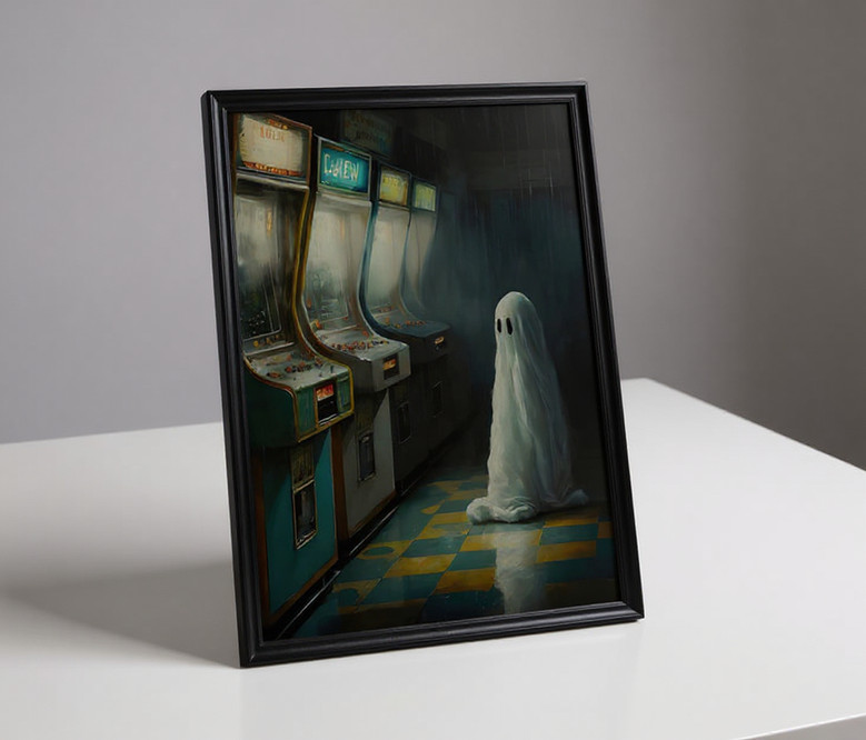 Gothic Halloween cute ghost canvas, abandoned arcade scene with purple neon and retro cabinets, eerie wall art for bathroom Gothic Halloween cute ghost canvas, abandoned arcade scene with purple neon and retro cabinets, eerie wall art for bathroom