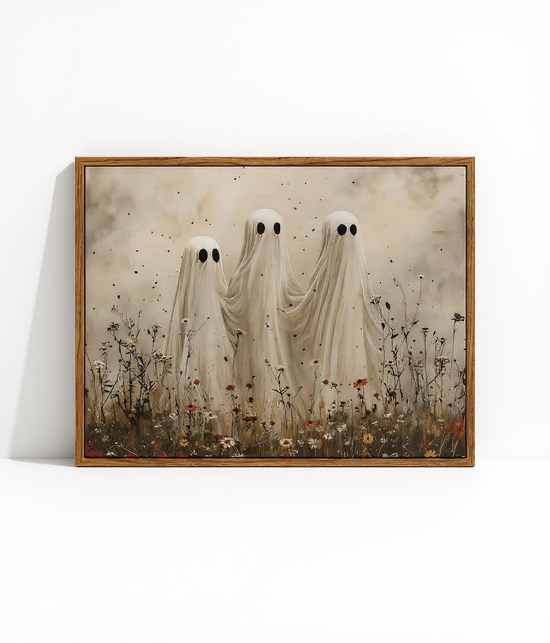Spooky ghost Halloween canvas with a specter in a wildflower meadow, vintage fall style in muted sepia for bedroom decor