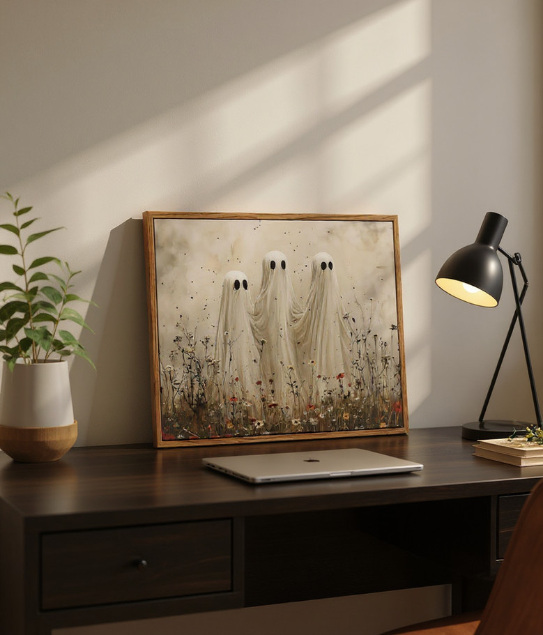 Spooky ghost Halloween canvas wall art set in an autumn wildflower meadow, vintage-inspired print for cozy living room decor