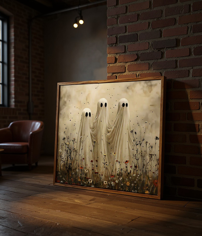 Spooky ghost Halloween canvas in a blooming meadow, vintage fall wall art with rustic tones, for bedroom and living room decor