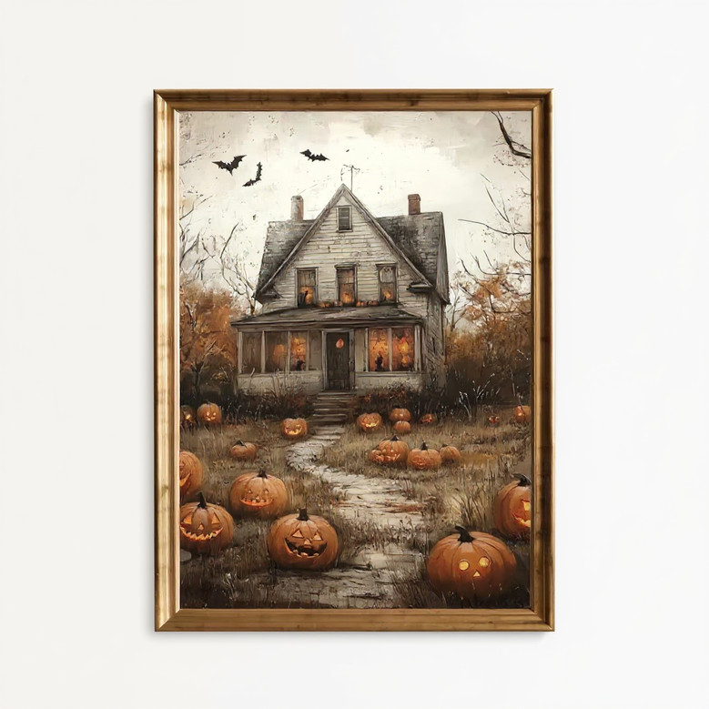 Halloween pumpkin patch canvas print with haunted house and bats, rustic country decor in orange and black vintage style Halloween pumpkin patch canvas print with haunted house and bats, rustic country decor in orange and black vintage style
