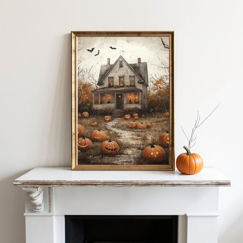 Halloween pumpkin patch canvas wall art featuring a haunted house and flying bats in vintage farmhouse style, autumn palette Halloween pumpkin patch canvas wall art featuring a haunted house and flying bats in vintage farmhouse style, autumn palette