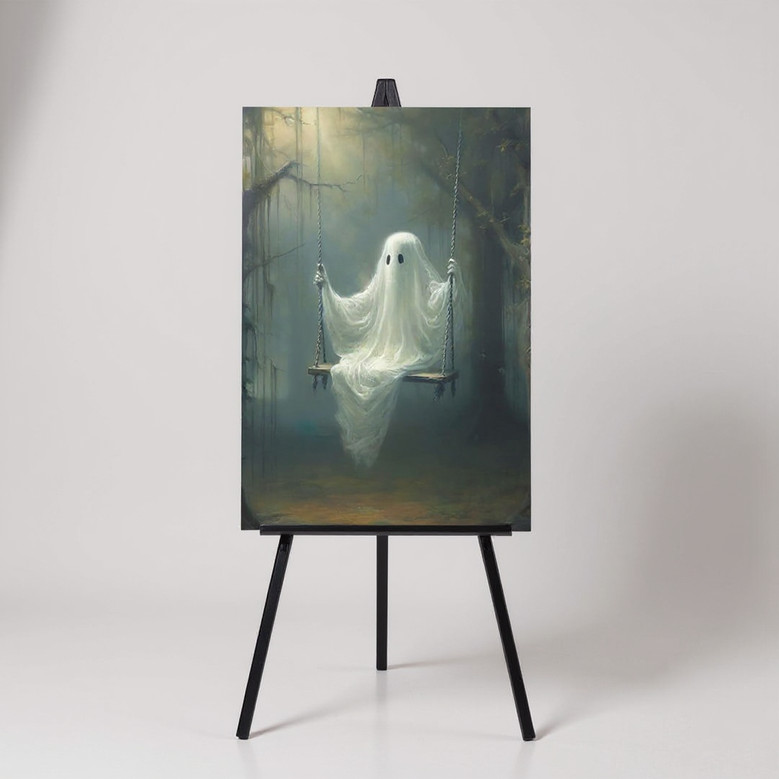 Funny ghost swing canvas wall art, vintage gothic Halloween decor in monochrome on black, landscape for living room Funny ghost swing canvas wall art, vintage gothic Halloween decor in monochrome on black, landscape for living room