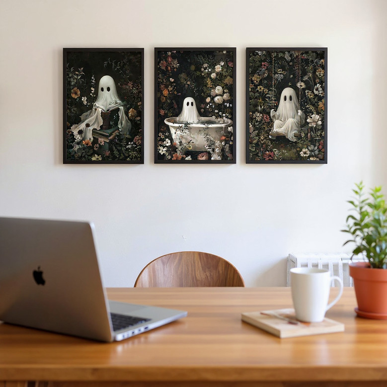 Romantic ghost Halloween canvas set triptych, vintage gothic wildflower panels for bathroom decor in soft black and cream