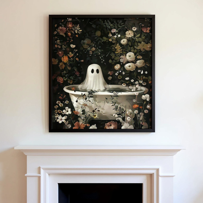 Romantic ghost Halloween canvas set, vintage gothic bathroom wall decor with wildflowers framing a ghost motif, set of three