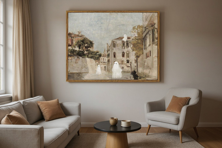 Ghost Halloween canvas vintage gothic wall art, cream canvas with charcoal ghost and aged edges, portrait for gallery wall