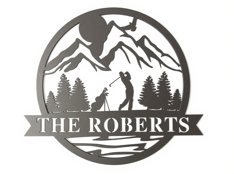 Dad golf metal sign, personalized with family name and established date, matte black cutout for man cave wall decor