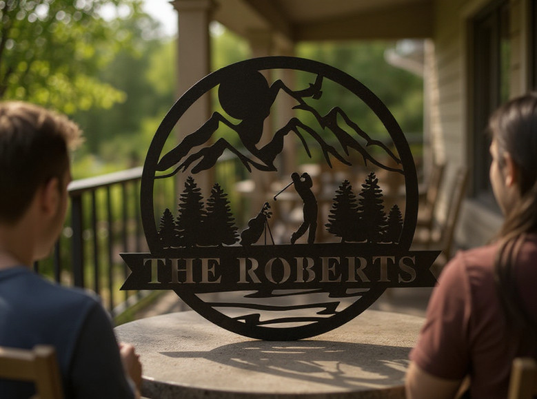 Dad golf metal sign, personalized family sign with crossed clubs and flag, rustic finish, for game room or den wall decor