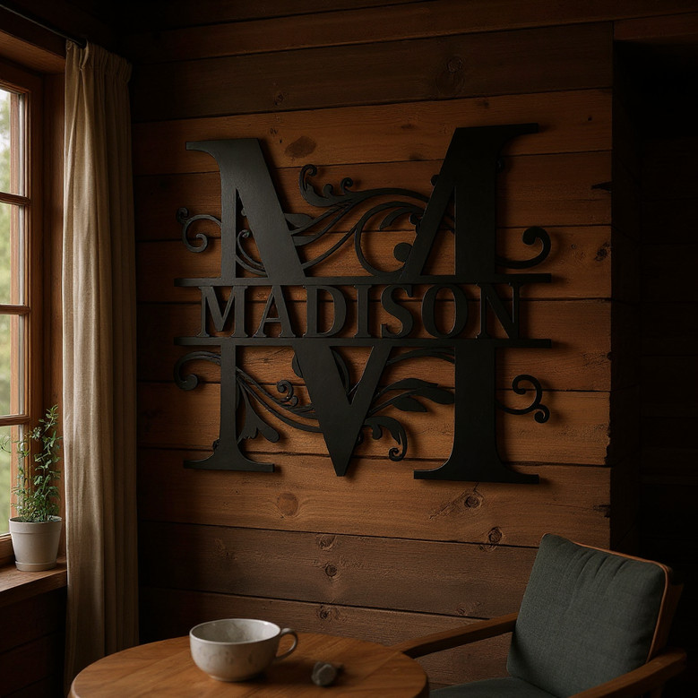 Personalized split letter monogram metal wall art, custom initial with surname across center, entryway or living room decor Personalized split letter monogram metal wall art, custom initial with surname across center, entryway or living room decor