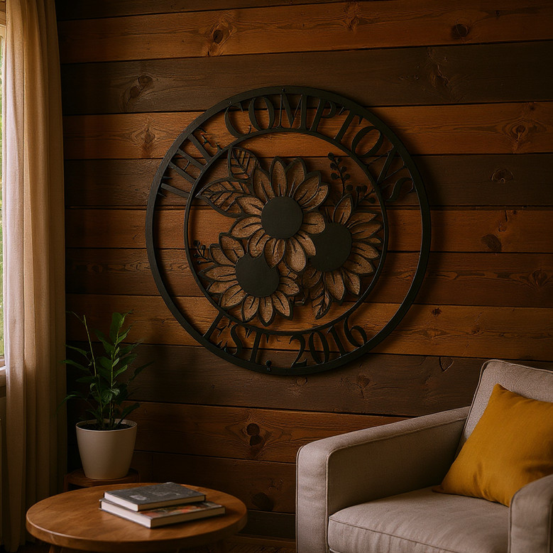 Sunflower metal sign with custom last name, rectangular brushed steel wall decor, modern script, wedding gift for couples