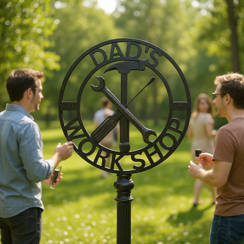 Dad workshop metal sign for garage decor, custom text or name added, Father's Day gift to personalize his workspace