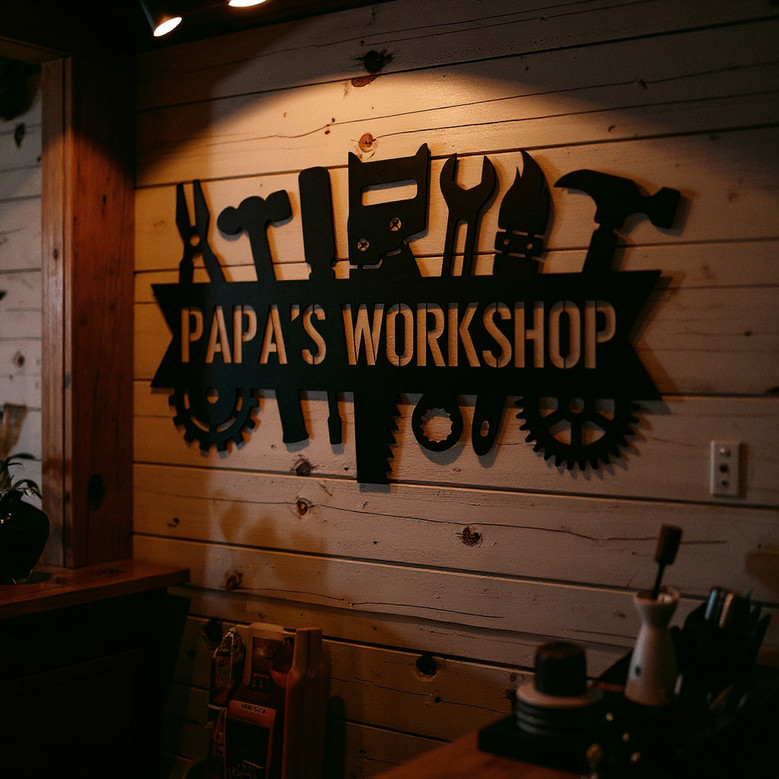 Dad's Workshop metal sign, custom toolshed name sign in rustic metal finish, personalized garage decor for Father's Day
