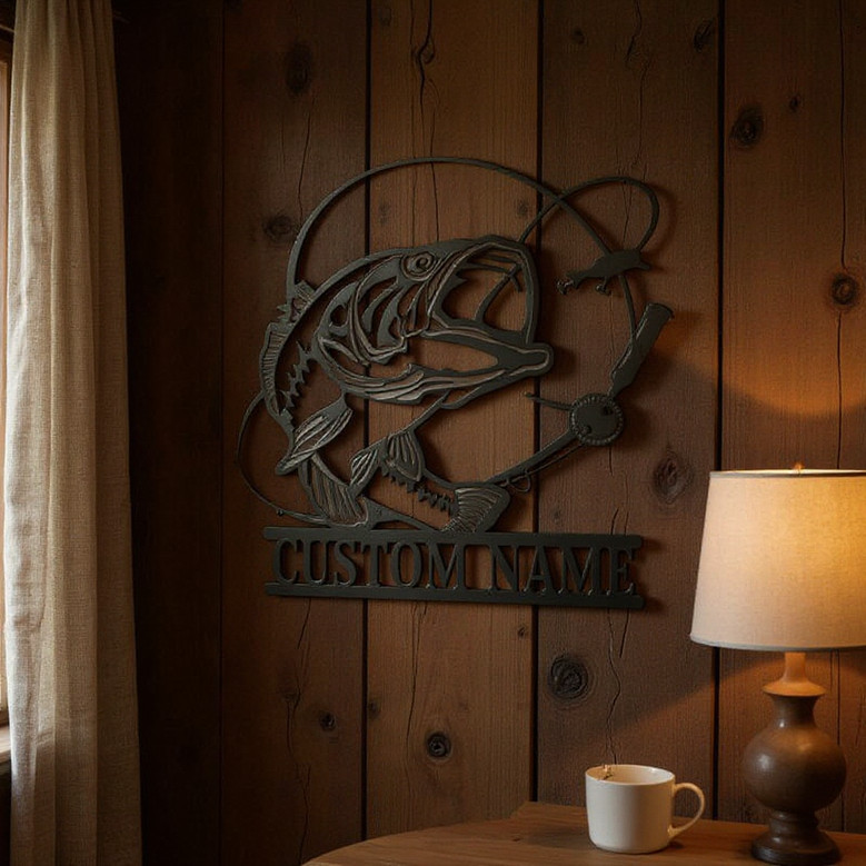 Bass fishing LED metal wall art sign with largemouth silhouette and personalized name, white glow for Dad’s man cave