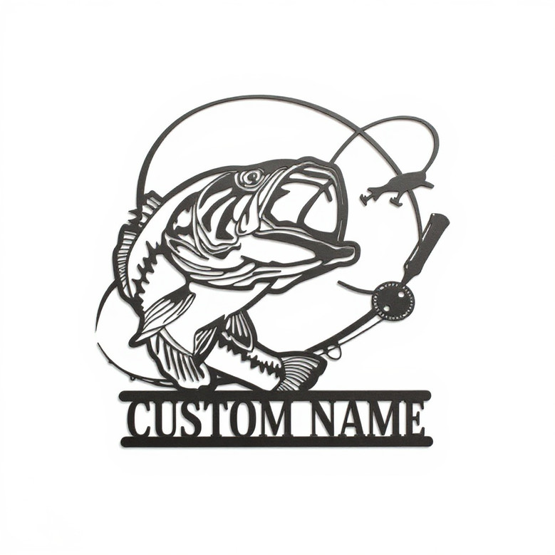 Bass fishing LED metal wall art sign in black steel with custom dad name, warm white backlit glow for man cave decor
